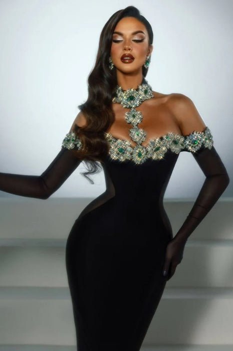 Shiny Halter Sequined Black Prom Dress Mermaid with Crystals