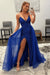 Shiny Royal Blue Sequins V Neck Mermaid Prom Dresses High Slit Sleeveless with Detachable Train - Prom Dress