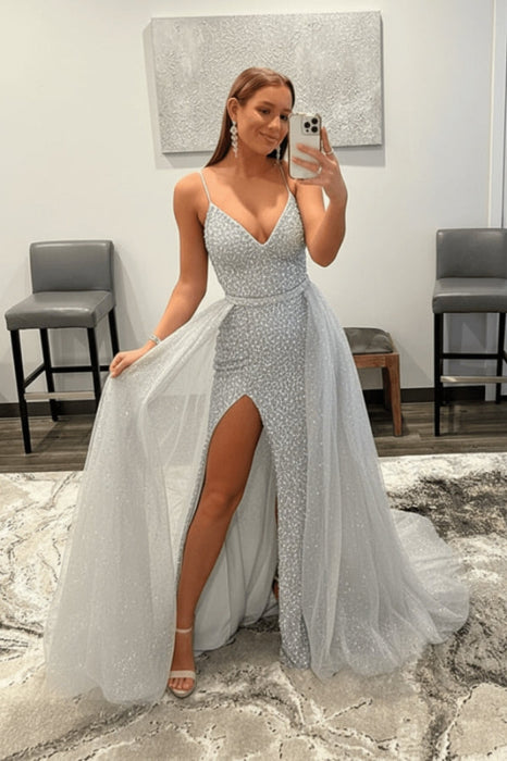 Shiny Silver Sequins V Neck Mermaid Prom Dresses High Slit Sleeveless with Detachable Train - Prom Dress