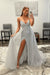 Shiny Silver Sequins V Neck Mermaid Prom Dresses High Slit Sleeveless with Detachable Train - Prom Dress