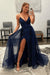 Shiny Navy Blue Sequins V Neck Mermaid Prom Dresses High Slit Sleeveless with Detachable Train - Prom Dress