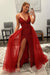 Shiny Red Sequins V Neck Mermaid Prom Dresses High Slit Sleeveless with Detachable Train - Prom Dress