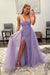 Shiny Lilac Sequins V Neck Mermaid Prom Dresses High Slit Sleeveless with Detachable Train - Prom Dress