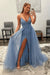 Shiny Dusty Blue Sequins V Neck Mermaid Prom Dresses High Slit Sleeveless with Detachable Train - Prom Dress