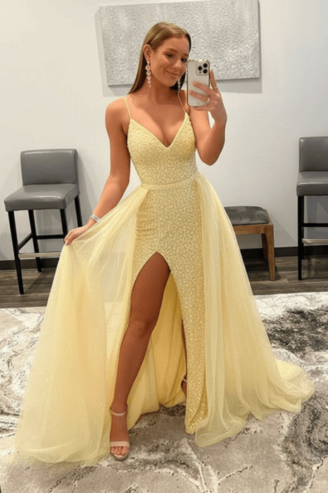 Shiny Daffodil Sequins V Neck Mermaid Prom Dresses High Slit Sleeveless with Detachable Train - Prom Dress