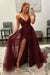 Shiny Burgundy Sequins V Neck Mermaid Prom Dresses High Slit Sleeveless with Detachable Train - Prom Dress