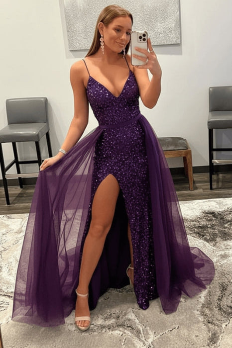 Shiny Grape Sequins V Neck Mermaid Prom Dresses High Slit Sleeveless with Detachable Train - Prom Dress