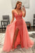 Shiny Coral Sequins V Neck Mermaid Prom Dresses High Slit Sleeveless with Detachable Train - Prom Dress