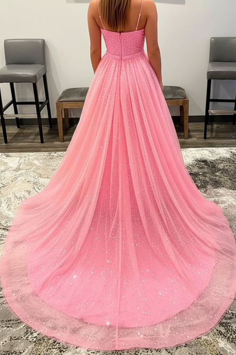 Shiny Pink Sequins V Neck Mermaid Long Prom Dresses with High Slit, Mermaid Pink Formal Graduation Evening Dresses 