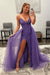 Shiny Lavender Sequins V Neck Mermaid Prom Dresses High Slit Sleeveless with Detachable Train - Prom Dress
