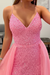 Shiny Pink Sequins V Neck Mermaid Long Prom Dresses with High Slit, Mermaid Pink Formal Graduation Evening Dresses 