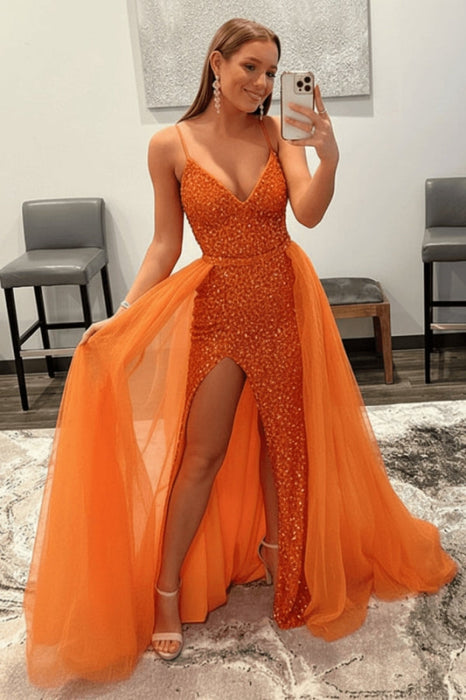 Shiny Orange Sequins V Neck Mermaid Prom Dresses High Slit Sleeveless with Detachable Train - Prom Dress