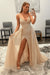 Shiny Champagne Sequins V Neck Mermaid Prom Dresses High Slit Sleeveless with Detachable Train - Prom Dress