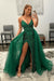 Shiny Green Sequins V Neck Mermaid Prom Dresses High Slit Sleeveless with Detachable Train - Prom Dress