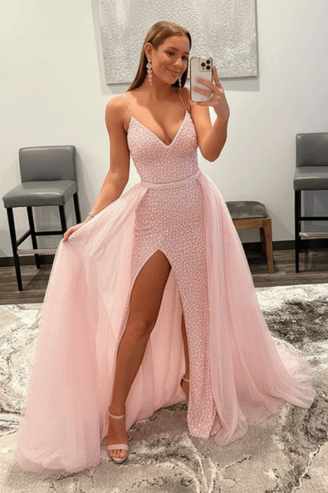 Shiny Pearl Pink Sequins V Neck Mermaid Prom Dresses High Slit Sleeveless with Detachable Train - Prom Dress