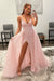 Shiny Pearl Pink Sequins V Neck Mermaid Prom Dresses High Slit Sleeveless with Detachable Train - Prom Dress