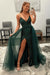 Shiny Dark Green Sequins V Neck Mermaid Prom Dresses High Slit Sleeveless with Detachable Train - Prom Dress