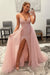 Shiny Blush Pink Sequins V Neck Mermaid Prom Dresses High Slit Sleeveless with Detachable Train - Prom Dress