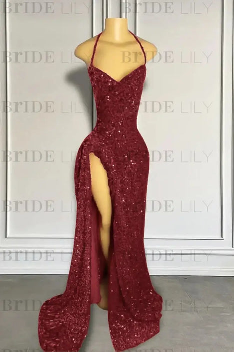 Shiny Sequined Red Prom Dress Mermaid with Front Split