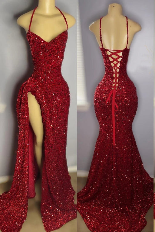 Shiny Sequined Red Prom Dress Mermaid with Front Split