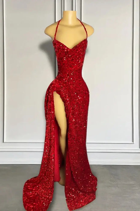 Shiny Sequined Red Prom Dress Mermaid with Front Split