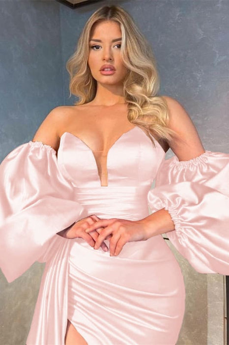 Shiny V-Neck Evening Prom Dress with Detachable Sleeves, Ruffles, and Split