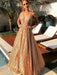 Shiny V Neck Long Champagne Prom Dresses, y V Neck Champagne Formal Graduation Evening Dresses