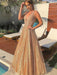 Shiny V Neck Long Champagne Prom Dresses, y V Neck Champagne Formal Graduation Evening Dresses