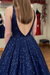 Shiny V Neck Navy Blue Long Prom Dresses Sparkly Navy Blue Formal Evening Dresses Ball Gown - Prom Dress