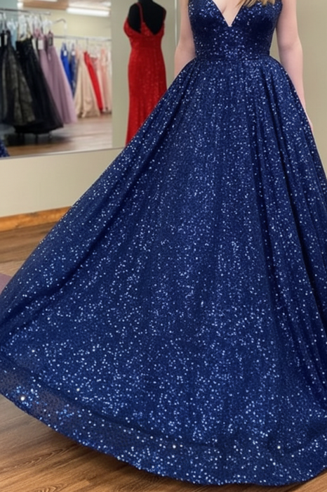 Shiny V Neck Navy Blue Long Prom Dresses Sparkly Navy Blue Formal Evening Dresses Ball Gown - Prom Dress