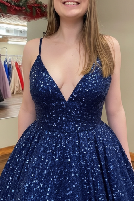 Shiny V Neck Navy Blue Long Prom Dresses Sparkly Navy Blue Formal Evening Dresses Ball Gown - Prom Dress