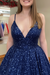 Shiny V Neck Navy Blue Long Prom Dresses Sparkly Navy Blue Formal Evening Dresses Ball Gown - Prom Dress