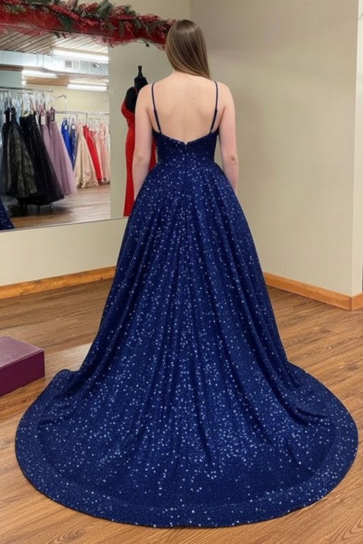 Shiny V Neck Navy Blue Long Prom Dresses Sparkly Navy Blue Formal Evening Dresses Ball Gown - Prom Dress