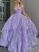 Shiny V Neck Purple Long Prom Dresses, Fluffy Purple Formal Evening Dresses, y Ball Gown