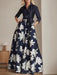 Princess A-Line Shirt Collar Floor-Length Dress with 3/4 Sleeves and Floral Print