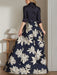 Princess A-Line Shirt Collar Floor-Length Dress with 3/4 Sleeves and Floral Print