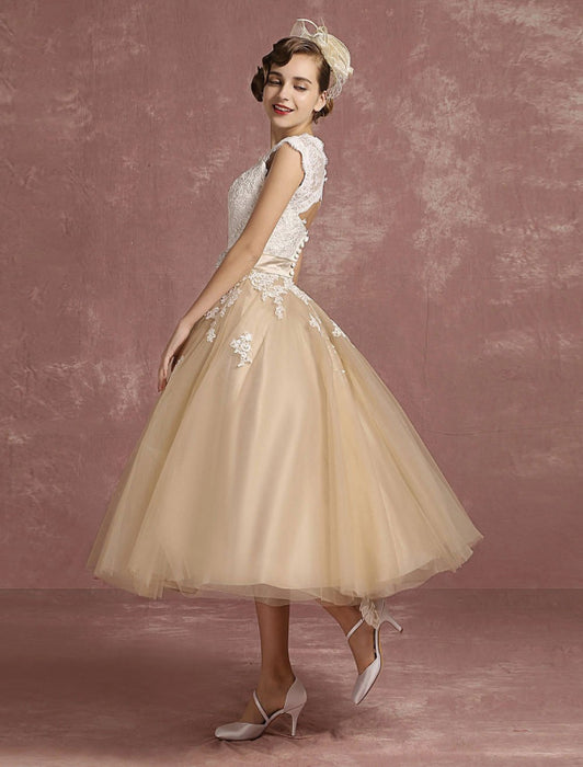 Vintage Wedding Dress Short Champagne Lace Applique Bridal Gown Queen Anne Neck Keyhole Bridal Dress Tea Length misshow