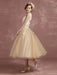 Vintage Wedding Dress Short Champagne Lace Applique Bridal Gown Queen Anne Neck Keyhole Bridal Dress Tea Length misshow