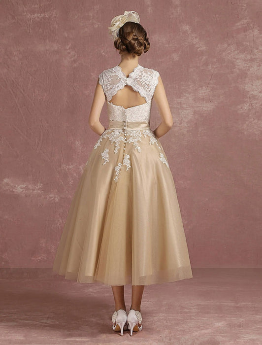 Vintage Wedding Dress Short Champagne Lace Applique Bridal Gown Queen Anne Neck Keyhole Bridal Dress Tea Length misshow