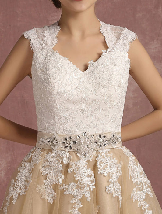Short Champagne Lace Applique Tea Length Bridal Dress-Bridelily Short Champagne Lace Applique Tea Length Bridal Dress-Bridelily