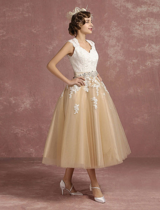 Short Champagne Lace Applique Tea Length Bridal Dress-Bridelily Short Champagne Lace Applique Tea Length Bridal Dress-Bridelily
