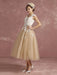 Vintage Wedding Dress Short Champagne Lace Applique Bridal Gown Queen Anne Neck Keyhole Bridal Dress Tea Length misshow