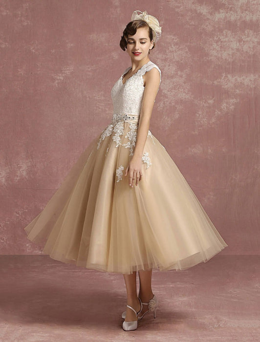 Vintage Wedding Dress Short Champagne Lace Applique Bridal Gown Queen Anne Neck Keyhole Bridal Dress Tea Length misshow