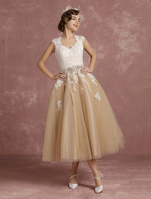 Short Champagne Lace Applique Tea Length Bridal Dress-Bridelily Short Champagne Lace Applique Tea Length Bridal Dress-Bridelily
