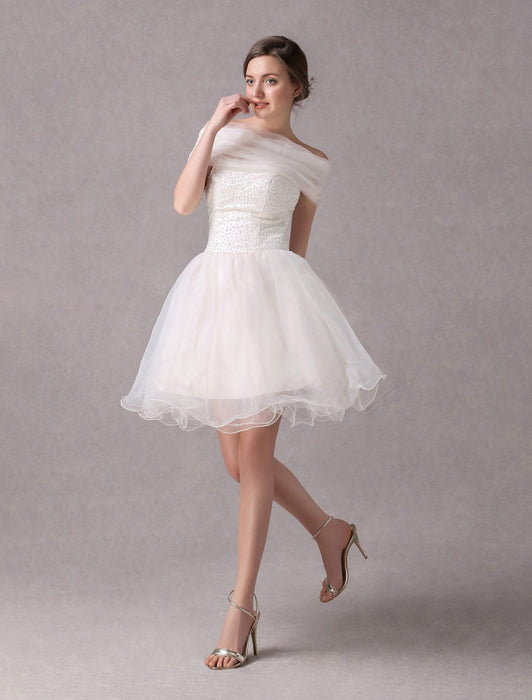 Short IvoryStrapless A-line Beading Wedding Dress For Bride misshow