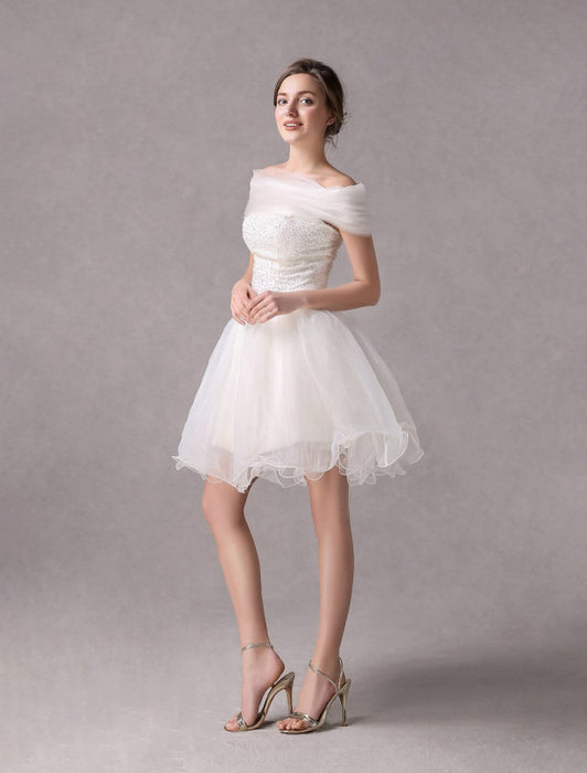 Short IvoryStrapless A-line Beading Wedding Dress For Bride misshow