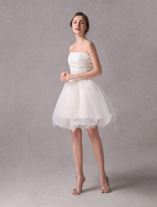 Short IvoryStrapless A-line Beading Wedding Dress For Bride misshow