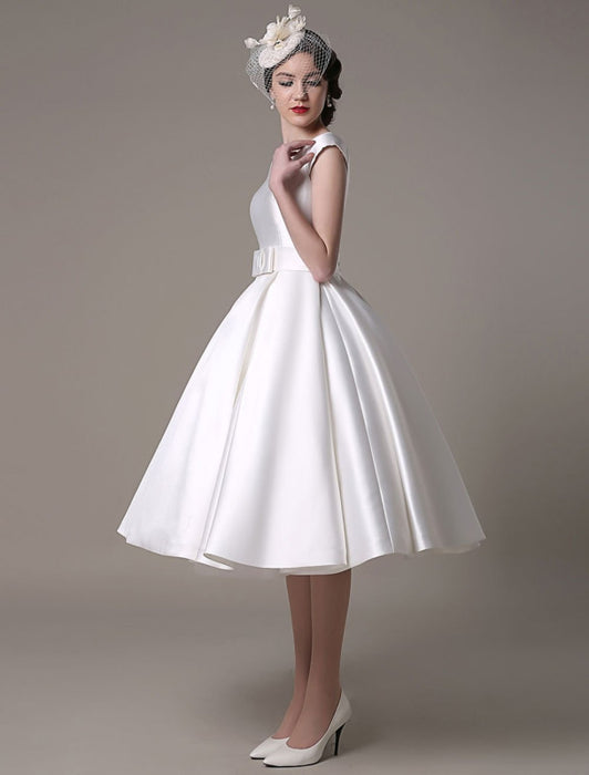 Ivory Wedding Dresses 2021 short satin  Knee Length bow Sash retro  bridal dress misshow