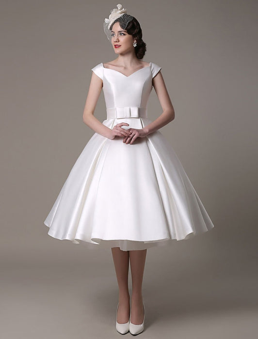 Ivory Wedding Dresses 2021 short satin  Knee Length bow Sash retro  bridal dress misshow