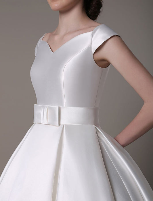 Ivory Wedding Dresses 2021 short satin  Knee Length bow Sash retro  bridal dress misshow